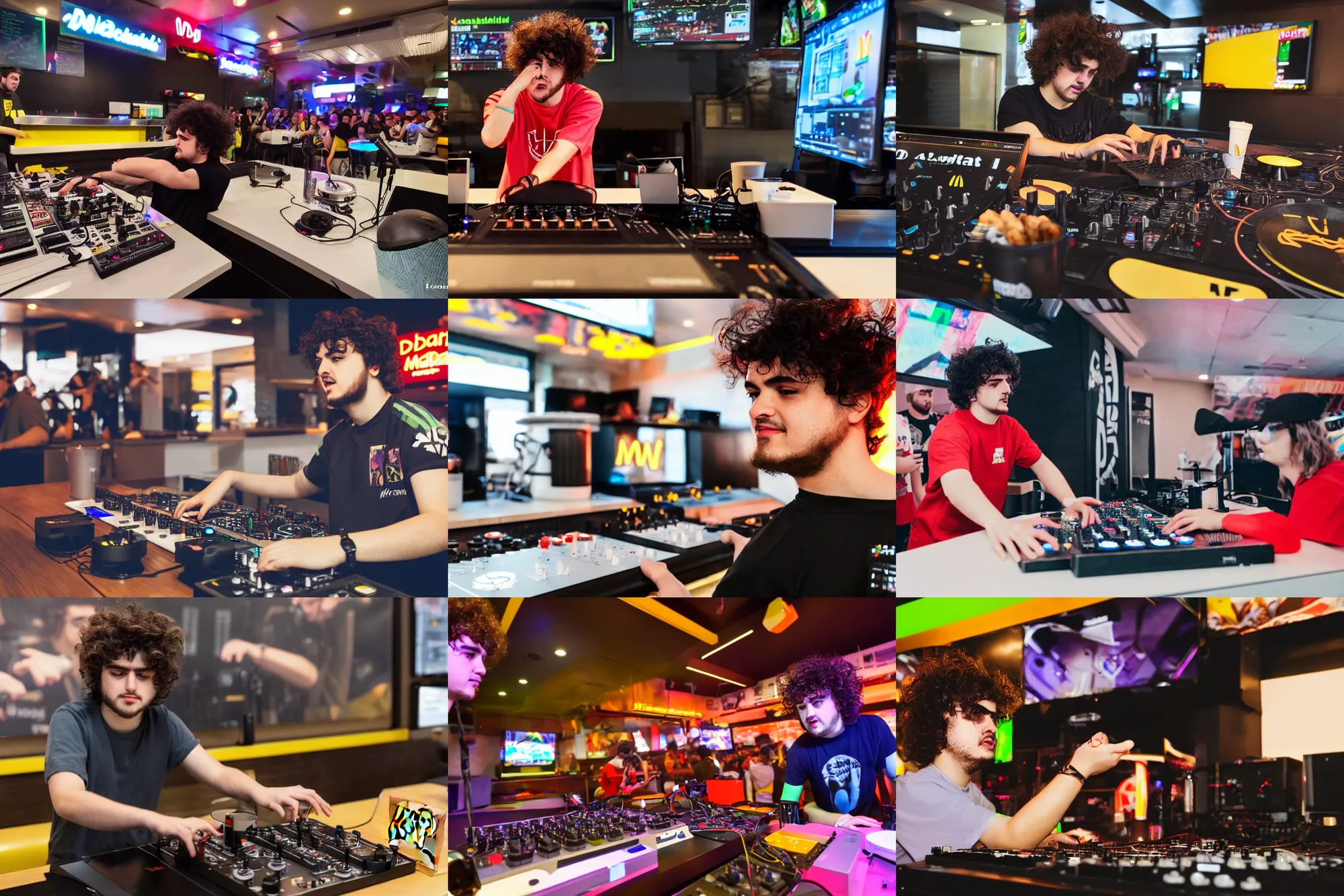 Prompt: photograph of Virtual Riot DJing at a McDonalds, 8K resolution, high detail