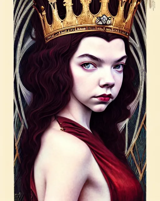 Image similar to twenty year old anya taylor - joy ( queen's gambit ) as a chess queen, art nouveau, fantasy, intricate, elegant, highly detailed, sharp focus, art by artgerm and greg rutkowski and wlop