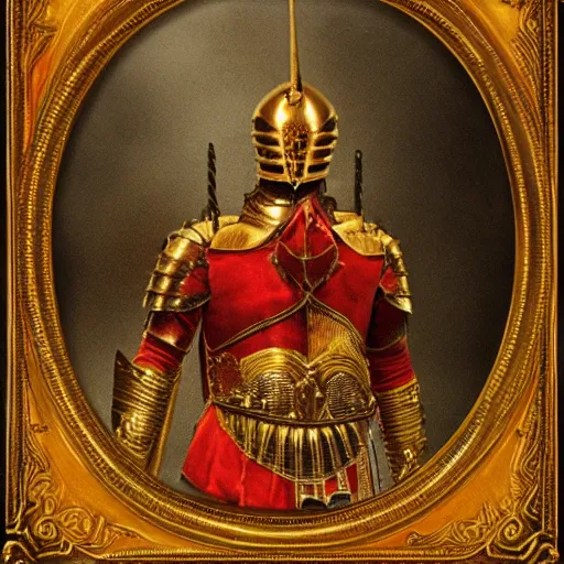 Image similar to portrait the great knight in golden red armor made of polished dragon bones looks relaxed, victorian era