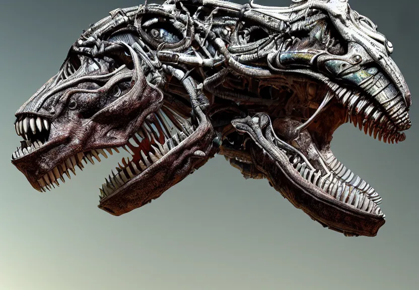 Prompt: extremely detailed. full body pictures of a gem - toned cybernetic tyrannosaurus rex engine. iridescent biomechanical giger ’ s xenomorph. the thing. detailed and intricate environment, wide angle, hyperrealism, plants and jungle, detailed and intricate environment, reflective, dynamic lighting, studio ghibli, 8 k