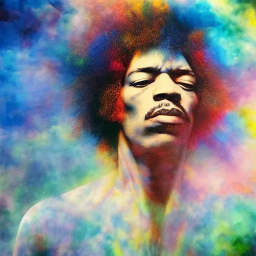 Image similar to colour masterpiece surreal closeup portrait photography jimi hendrix by miho hirano and annie leibovitz and michael cheval, psychedelic smoke background, 8 k