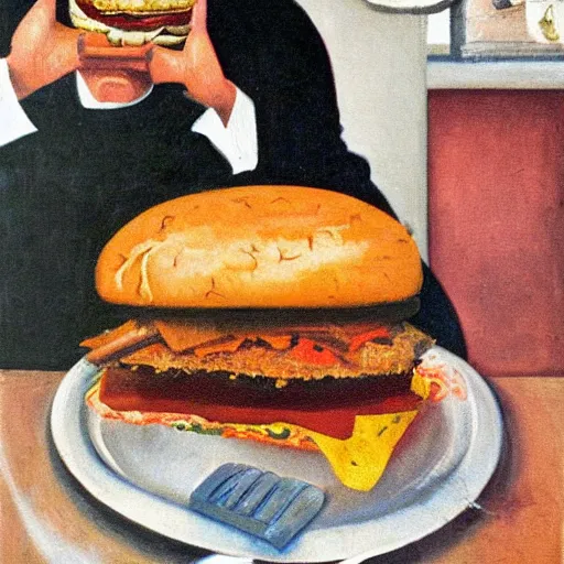 Prompt: man eating hamburger, oil painting by francis bacon,