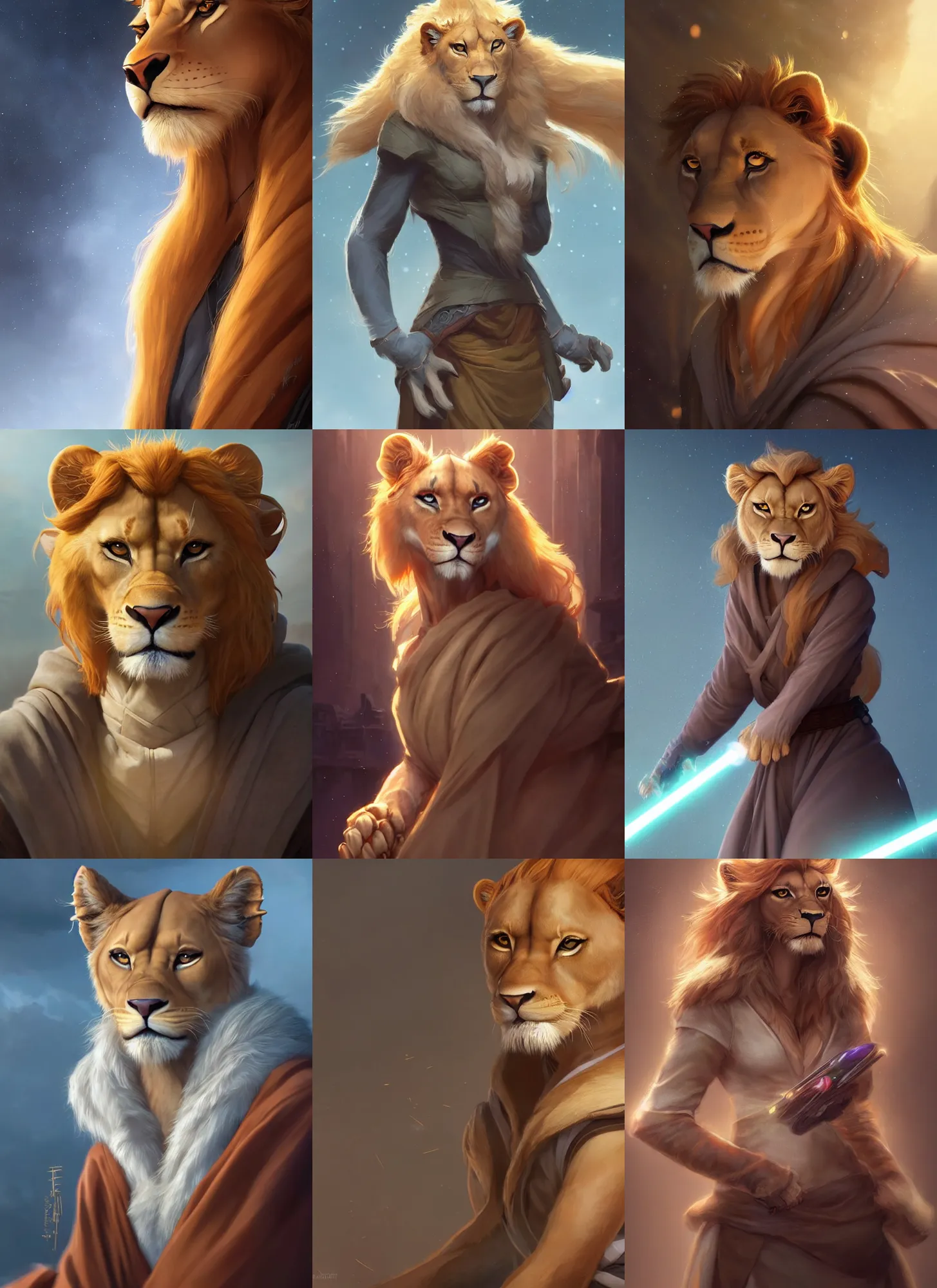 Image similar to beautiful portrait of a female anthropomorphic lioness fursona wearing jedi robes. character design by disney, charlie bowater, ross tran, artgerm, and makoto shinkai, detailed, soft lighting, rendered in octane