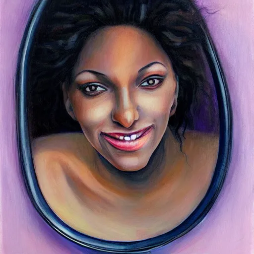 Prompt: beautiful black woman smiling at her reflection in a mirror, dorina costras