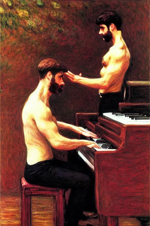 Image similar to attractive man playing piano, painting by tom of finland, john william waterhouse, claude monet