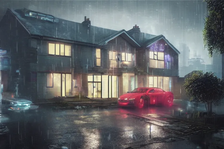 Image similar to cyberpunk, an estate agent listing photo, external view of a 5 bedroom detached city house in the UK, it's raining, by Paul Lehr, highly detailed, photorealistic, unreal engine, 8k,