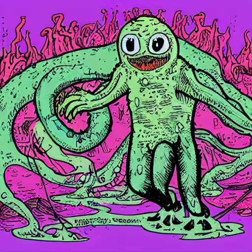 Prompt: Pop-Wonder-NFT alien-meat swamp-bog monster-Muppet-Man-Hybrid wading through the goopy-muck and slithering about the castle side delights on a melted cheesy day in a hand-drawn vector, svg, cult-classic-comic-style