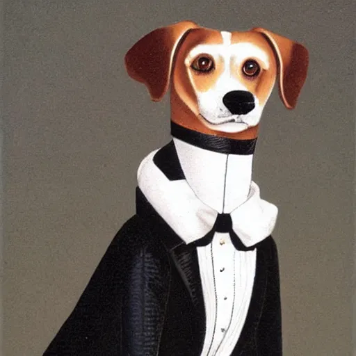 Image similar to a picture of a dog in a tuxedo in the style of jan gossaert