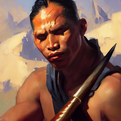 Prompt: greg manchess portrait filipino fighter struck in chestplate with a sword, organic painting, sunny day, matte painting, bold shapes, hard edges, street art, trending on artstation, by huang guangjian, gil elvgren, ruan jia, randy vargas, greg rutkowski