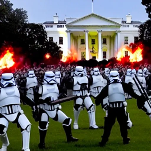 Image similar to a still of hundreds of stormtropers rioting in front of a the white house in washington.!!!, flaming torches and pitchforks