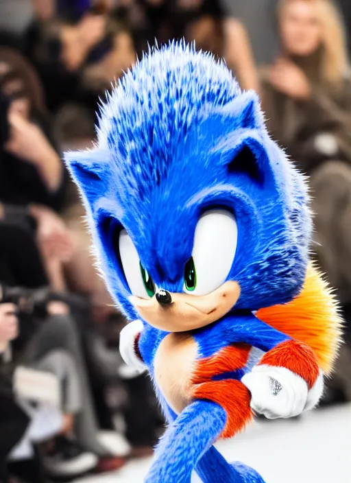 Image similar to hyperrealistic and heavy detailed moncler runway show of sonic the hedgehog, leica sl 2 5 0 mm, vivid color, high quality, high textured, real life