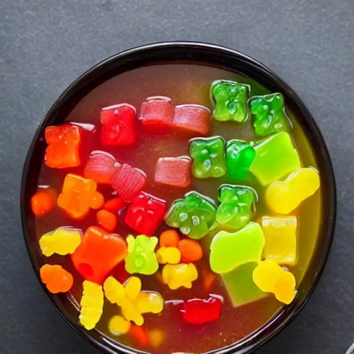 Prompt: A soup of gummy bears and squished sushi