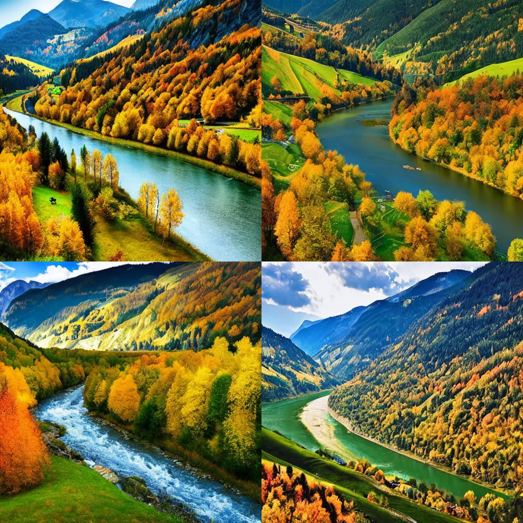 Prompt: beautiful valley with a river and villages between mountains, during autumn in austria, ultra realistic!!!, photograph, high detail, realistic colors, matte, wide angle, overview