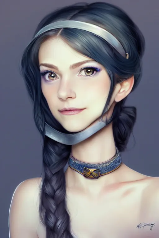 Image similar to portrait of a gorgeous young female artificer, looking at camera, D&D, choker on neck, stylish dress, mouth slightly open, cute slightly nerdy smile, very long flowing hair, intricate, elegant, stylish, fantasy, extremely detailed, digital painting, artstation, concept art, smooth, sharp focus, illustration, stunning lighting, art by artgerm and greg rutkowski and alphonse mucha and simon stalenhag