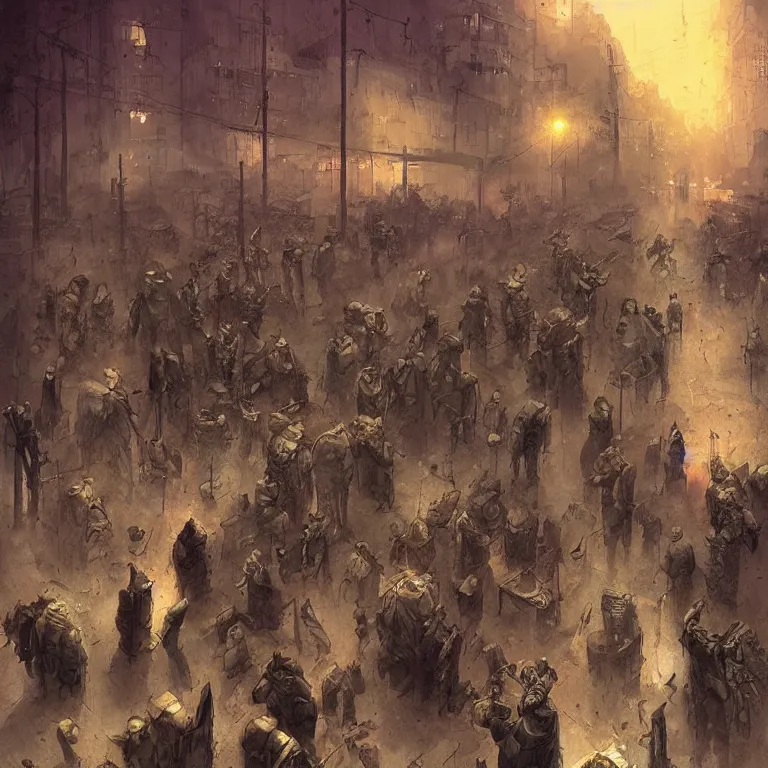 Prompt: the souls of dead soldiers waiting in a lone bus stop in quiet dark city, by marc simonetti