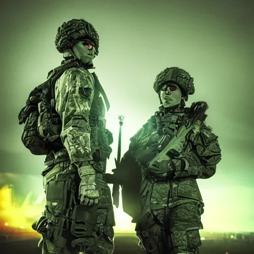 Image similar to soldier and angle met at night time, filmic, dramatic, night vision, wide angle, vignette, only green color, 4 k, 8 k, sad, devil, cinematic lighting, insanely detailed and intricate, hypermaximalist, elegant, ornate, hyper realistic, super detailed