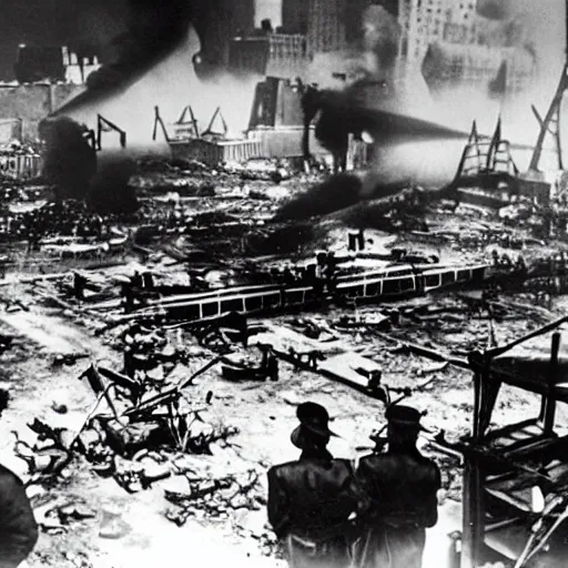 Image similar to the things which, on the stage, were merely talked about [ - - ] the outbreak of the war in 1 9 4 0 with a spectacular air raid on new york city [, ] the changes in styles and architecture - - these are the things which the film... [ of men must fight ] particularly stresses, 1 9 3 3 photo