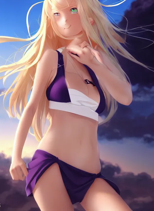 Image similar to a very beautiful young anime giantess with her tiny dad, full body, long wavy blond hair, sky blue eyes, full round face, evil grin, bikini, miniskirt, front view, mid - shot, highly detailed, cinematic wallpaper by stanley artgerm lau