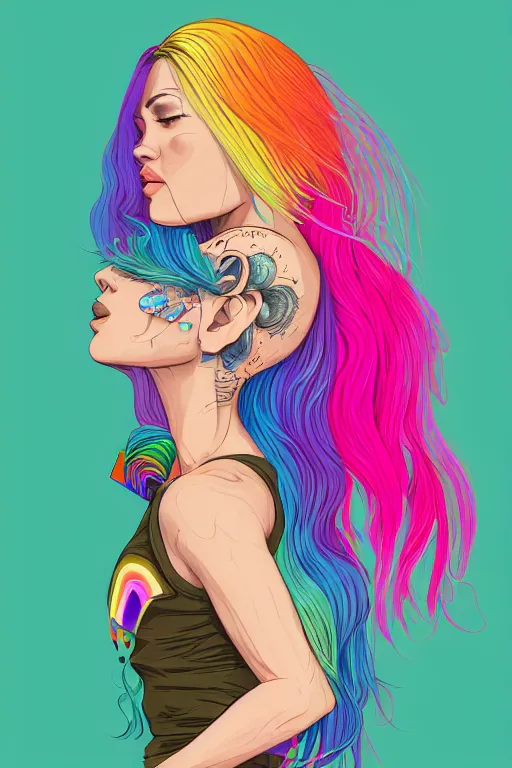 Image similar to a award winning half body portrait of a beautiful woman with stunning eyes in a printed croptop and cargo pants with rainbow colored ombre hairstyle head in motion and hair flying by josan gonzales, outrun, vaporware, shaded flat illustration, digital art, trending on artstation, highly detailed, fine detail, intricate