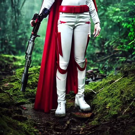 Image similar to a young female soldier wearing blood-spattered glossy sleek white dinged scuffed armor and a long torn red cape, standing in a rainy jungle, heroic posture, determined expression, elegant, battle weary, no helmet, dramatic lighting, cinematic, sci-fi, hyperrealistic, detailed