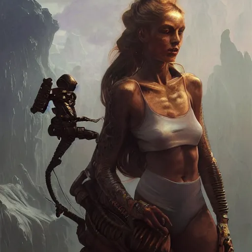 Image similar to portrait painting of a dimly lit futuristic rugged male and female rebel, alien world, colonisation, model pose, ultra realistic, concept art, intricate details, eerie, highly detailed, photorealistic, octane render, 8 k, unreal engine. art by artgerm and greg rutkowski and alphonse mucha