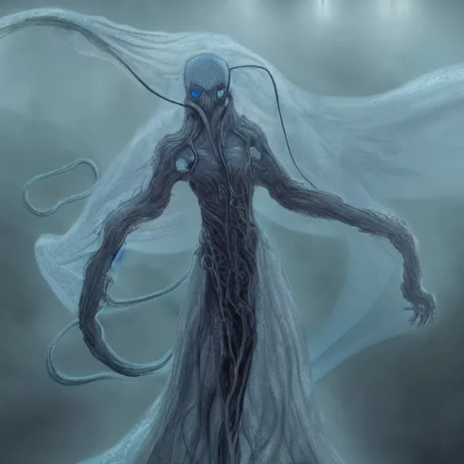 Image similar to concept designs for an ethereal ghostly wraith like figure with a squid like parasite latched onto its head and long tentacle arms that flow lazily but gracefully at its sides like a cloak while it floats around a frozen rocky tundra in the snow searching for lost souls and that hides amongst the shadows in the trees, this character has hydrokinesis and electrokinesis for the resident evil village video game franchise with inspiration from the franchise Bloodborne