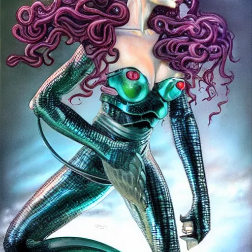Image similar to mermaid cyborg with a laser whip, realistic, detailed, photorealistic, in the style of boris vallejo