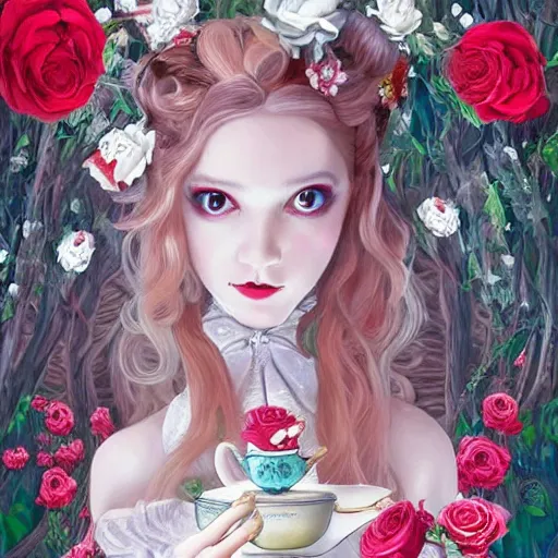 Prompt: Alice in Wonderland at the tea party, she looks like a mix of grimes, Aurora Aksnes and Zendaya, childlike, billowing elaborate hair and dress, strings of pearls, surrounded by red and white roses, digital illustration, inspired by a stylistic blend of Aeon Flux, Japanese shoujo manga, and John singer Sargent paintings, hyper detailed, dreamlike, incredibly ethereal, super photorealistic, iridescent, dichroic prism, speckled, marbling effect, tulle and lace, extremely fine inking lines