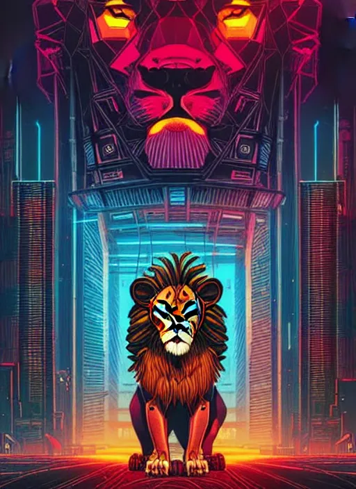 Image similar to a lion in cyberpunk city abandoned by dan mumford, center frame singular high fantasy character concept art symmetrical features, digital painting, sharp focus, illustration