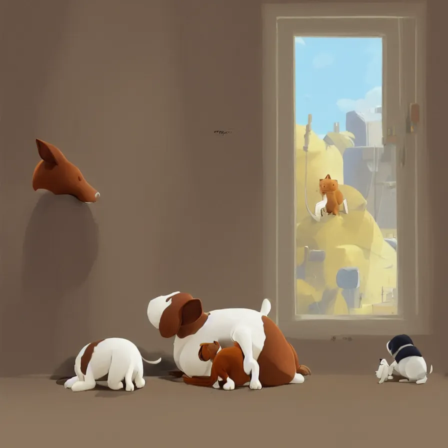 Image similar to Goro Fujita illustrating View from behind of a brown and white dog sitting, ears up and tail active, watching the living room window, art by Goro Fujita, sharp focus, highly detailed, ArtStation