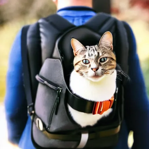 Prompt: a cat carrying a human in a pet backpack