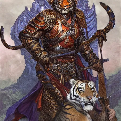 Prompt: Swordman with the head of a tiger wearing an ornate cloak as a fantasy D&D character, portrait art by Donato Giancola and James Gurney, digital art, trending on artstation