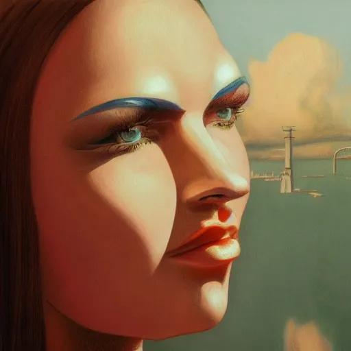 Image similar to detailed face of a woman, clockwork, moment, tectonic sky, skydome, bullet train, turbines, utopian, tech noir, wet reflections, prism, atmospheric, ambient, pj crook, syd mead, livia prima, emma uber, edward hopper