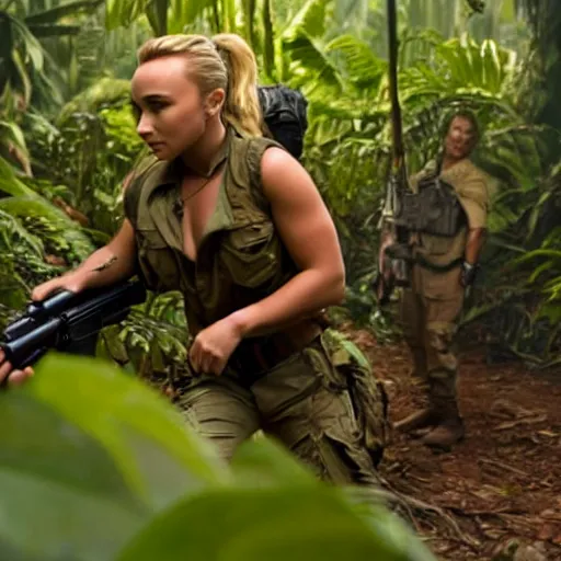 Prompt: cinematic scene with hayden panettiere as a commando in the jungle joining the ballte, action scene, dramatic, small details, volumetric lighting, ground mist, smoke, still frame