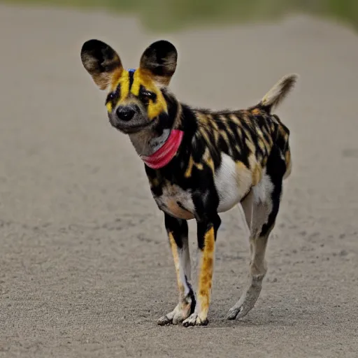 Image similar to A photo of the world's greatest showman: the african painted dog dressed in a hat!