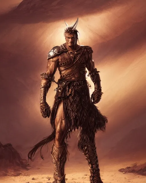 Prompt: dolph lundgren posing in a a desert with conan armor and a sword, beautiful eyes, realistic face, full body, fantasy art, in the style of greg rutkowski, illustration, epic, fantasy, intricate, hyper detailed, artstation, concept art, smooth, sharp focus, ray tracing, vibrant