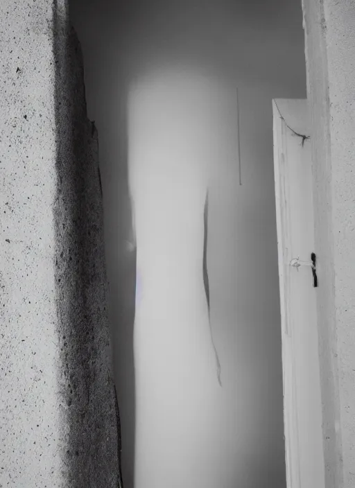 Prompt: A creepy tall thin pale man peering out from the corner, smiling