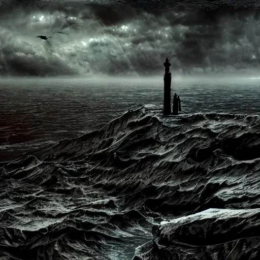Prompt: The edge of the world, gothic art, color, eerie, horror, scary, ominous, 8k, highly detailed