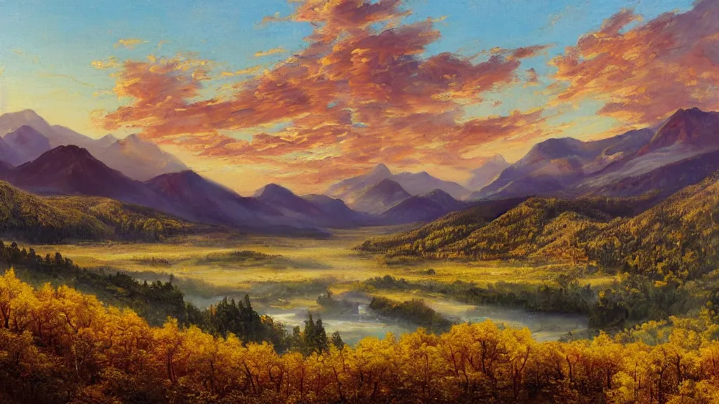 Image similar to The most beautiful panoramic landscape, oil painting, where the mountains are towering over the valley below their peaks shrouded in mist, the sun is just peeking over the horizon producing an awesome flare and the sky is ablaze with warm colors, lots of birds and stratus clouds. The river is winding its way through the valley and the trees are starting to turn yellow and red, by Greg Rutkowski, aerial view, naturalism