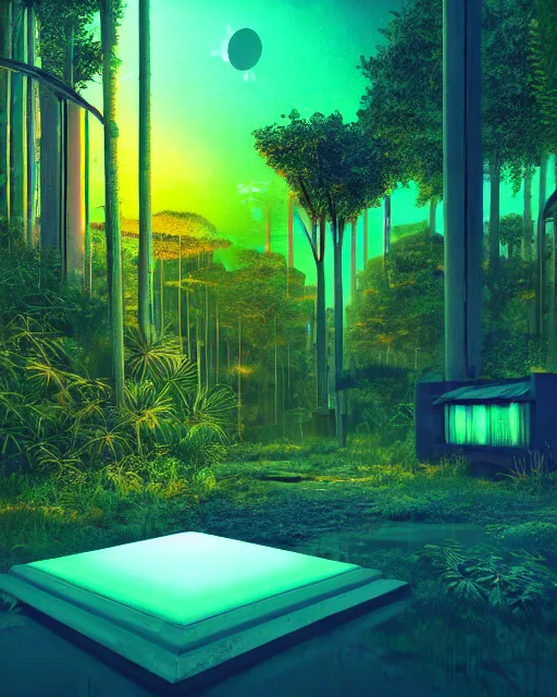 Prompt: architecture by john william casilear, infrared lake lightpaint cyberpunk vaporwave uv light rainforest nightsky nature morning sun meadow at night reclaimed by nature, archdaily, wallpaper, highly detailed, trending on artstation.