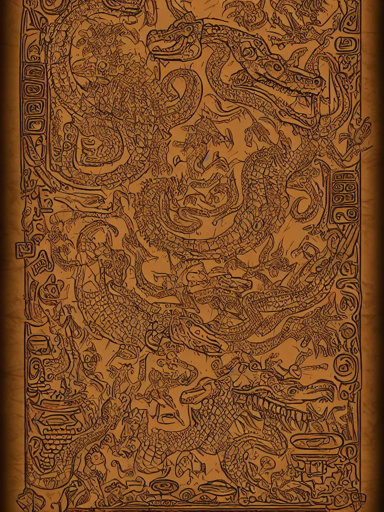 Image similar to pre - columbian mesoamerican book decorative border frame, crocodile illuminations, d & d, fantasy, intricate, elegant, highly detailed, digital painting, artstation, illustration, hearthstone