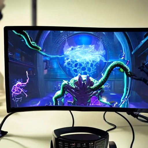 Prompt: view from behind of an eldritch lovecraftian cosmic horror wearing headset watching monitor displaying fortnite, intricate detail, cinematic composition