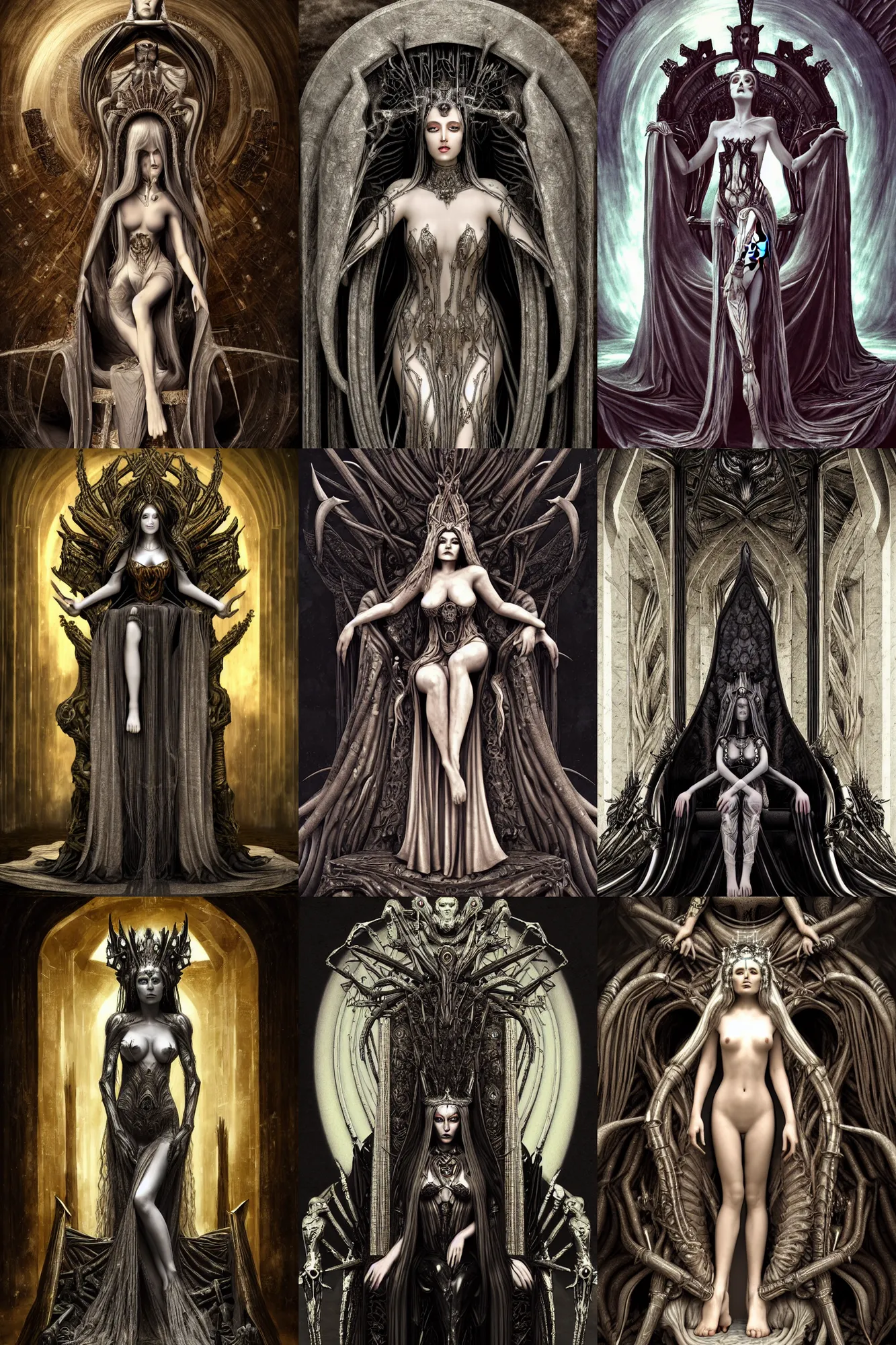 Prompt: Full Body View, Beautiful Face, The Fantasy Goddess clothed Eris, on her Throne, by NIXEU, by HR Giger, by WLOP, by Attila Adorjany