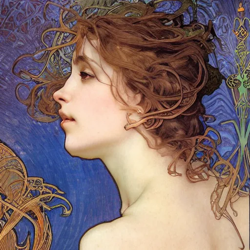 Prompt: realistic detailed masterpiece head and shoulders profile portrait of Mia Kirschner by Alphonse Mucha, Ayami Kojima, Amano, Charlie Bowater, Karol Bak, Greg Hildebrandt, Jean Delville, and Mark Brooks, Art Nouveau, Neo-Gothic, gothic, Mia Kischner, rich deep moody colors