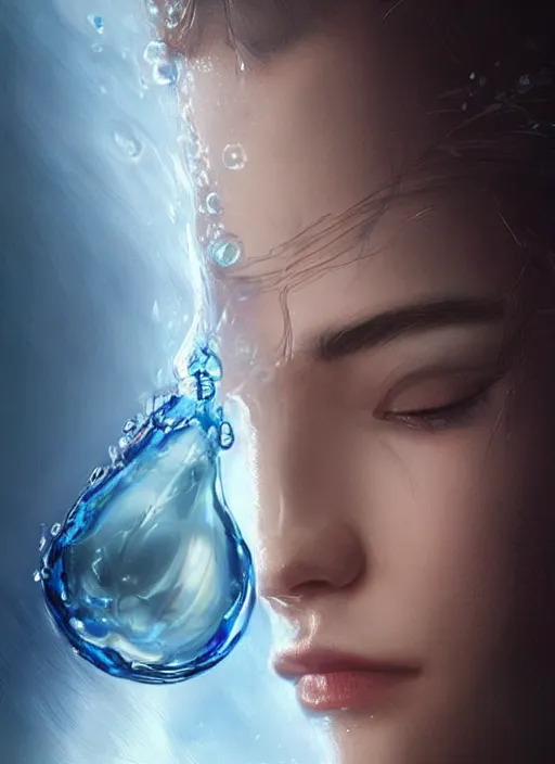 Image similar to portrait of a stunningly beautiful water drop, highly detailed, 3 5 mm photo, artstation, concept art, sharp focus, 2 8 mm macro photo, art by artgerm and greg rutkowski and alphonse muchal