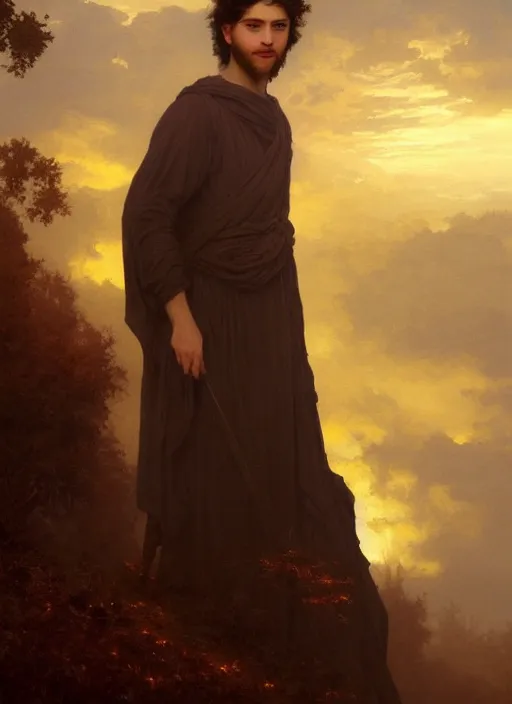 Prompt: oil painting of a handsome young man with dark hair, wearing a crown of fire!! at sunset, and a long cloak, hazy, digital art, chiaroscuro, artstation, cinematic, golden hour, digital art painting by greg rutkowski, william - adolphe bouguereau, hazy atmosphere, cinematic lighting