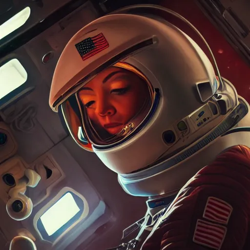 Image similar to a portrait of an intensely lit female astronaut in space station, red, oil painting, pale colors, high detail, 8 k, wide angle, trending on artstation,