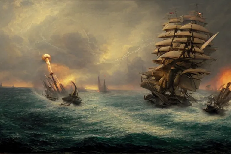 Image similar to Giant squid drags a ship into the ocean. A second ship targets the squid with cannon fire. painting by Louis Philippe Crepin. smoke and flashes from cannon fire. 8k octane beautifully detailed render, post-processing, extremely hyper-detailed, intricate, epic composition, highly detailed attributes, highly detailed atmosphere, cinematic lighting, masterpiece.