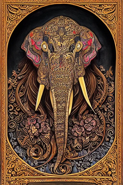 Image similar to Painted dark-wood panel relief carving of a close up of a Flowerpunk Matriarch Elephant, ornate border frame, explosion of colorful flowers, dark wood, intricately carved, black ink, festival of rich colors, intricate details, cinematic lighting, volumetric lighting, post-processing, art nouveau, tarot, fractal art, mandala, by andreas rocha and john howe, and Martin Johnson Heade, featured on artstation, featured on behance, golden ratio, hyper detailed, photorealistic, epic composition, center spotlight, f32, well composed, symmetrical, UE5, 8k