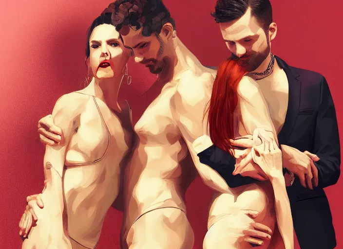 Image similar to couple, man and woman in pose of couple vol 2 photo reference pack for artists, spirit hugs, gold trim, atmoshperic, elegant, sharp focus, red sun, huge lips, poses by satine zillah, environment by hw 6 5 2 3, art by ilya ozornin, artstation, intricate details, concept art